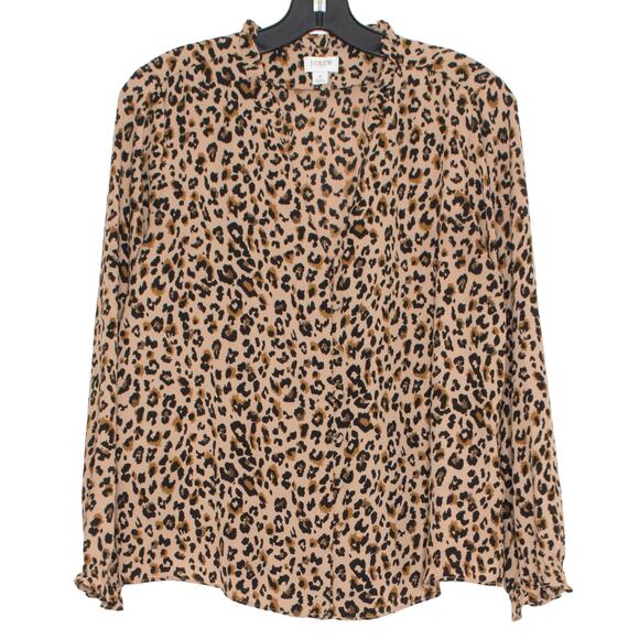 J Crew Womens Top Ruffle Neck Button Top Leopard V Neck Long Sleeve Small EC - Picture 1 of 7